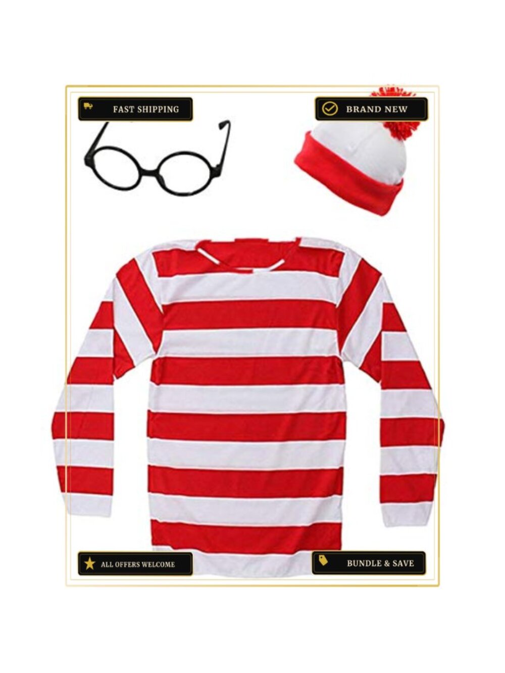 Adult Striped Shirt Costume Set with Hat and Glasses for Halloween Cosplay